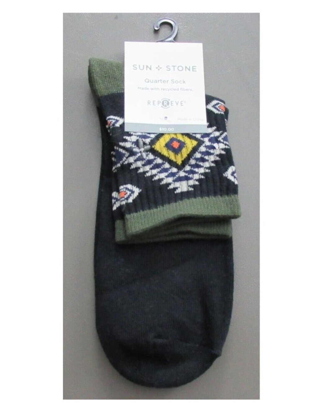 Sun + Stone Men's 1-Pair Half Calf Quarter Socks, Black Diamond, Shoe Size 7-12